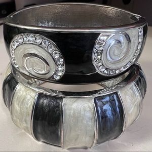Vintage enamel hinge bracelets clamp bangles black white silver rhinestones